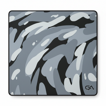 Camouflage-patterned mouse pad with a brand logo on a white background