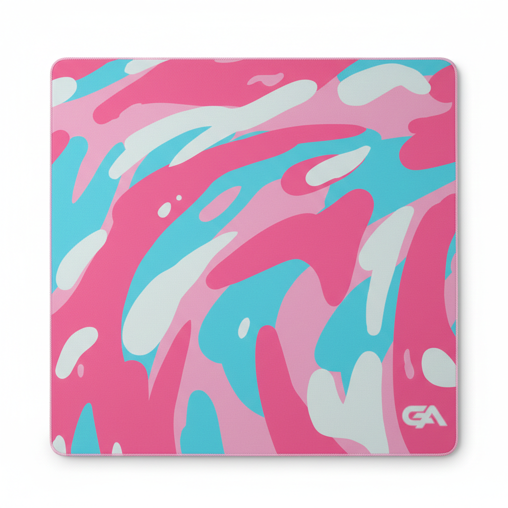 Mouse pad with pink, blue, and white abstract pattern on a white background