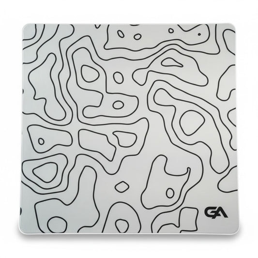 Mouse pad with black abstract pattern and 'GA' logo on a white background